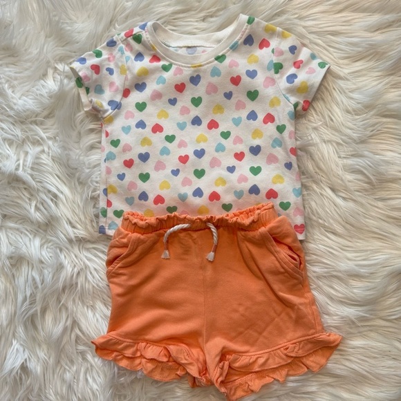 Garanimals Baby Girl Heart Print Tee & Orange Ruffle Shorts Set Size 18 Months - Picture 1 of 6